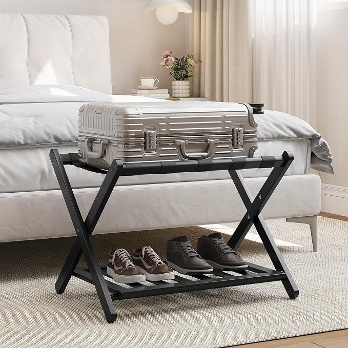 Smart FENDEE Fully Assembled Black Luggage Rack, Suitcase Stand with Shoe Shelf, Folding Wooden Luggage Stand for Guest Room, Bedroom, Hotel by SmartFENDEE
