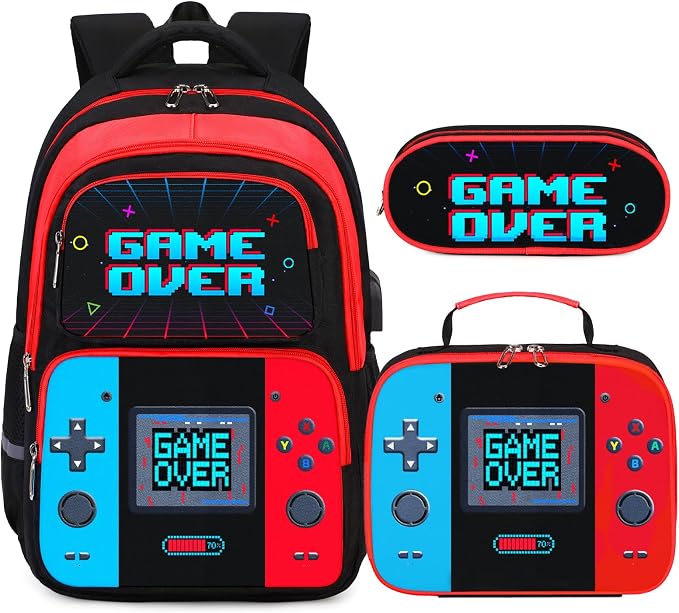 Bevalsa Backpack for Boys, School Bags for Kids, Bookbag for Boys Children Teens Backpacks for Elementary Middle High School Student, Bookbag and Lunch Bag Set with USB Charging Port (Red Blue) by Bevalsa