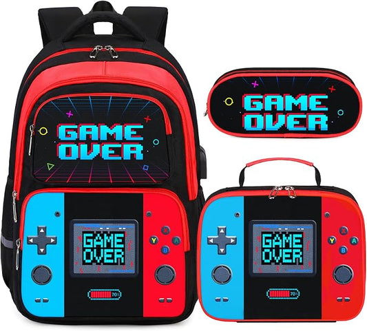 Bevalsa Backpack for Boys, School Bags for Kids, Bookbag for Boys Children Teens Backpacks for Elementary Middle High School Student, Bookbag and Lunch Bag Set with USB Charging Port (Red Blue) by Bevalsa