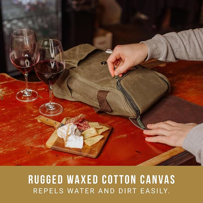 PICNIC TIME 2 Bottle Insulated Wine Bag with Cheese Board and Knife Set - Wine Picnic Bag - Distressed Waxed Canvas Wine Tote, (Khaki Green with Brown Accents) - Image 3