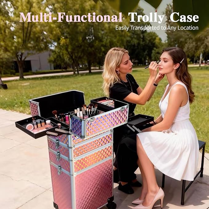 5 in 1 Rolling Makeup Train Case on Wheels Large Cosmetic Organizer Travel Cart for Women Beauty Salon Barber Hairstylist Pink - Image 3