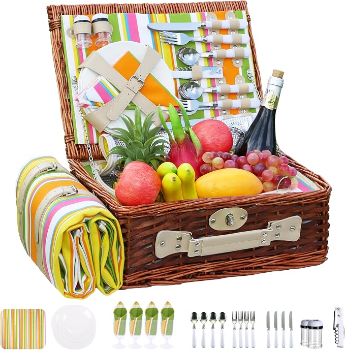 Picnic Basket Set for 4 with Waterproof Blanket Mat Insulation Bag Wicker Rainbow Stripe Cute Hawaiian Tropical Gift for Wedding Birthday Summer Camp Outdoor Camping Beach Travel Christmas by YPshuye
