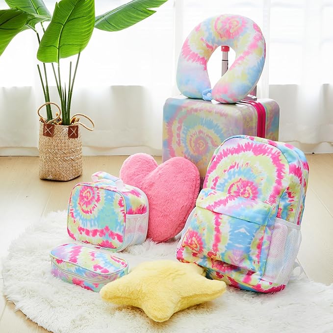 Redbaker 6 Pcs Kids Luggage Set, 17 Inch Rolling Suitcase with Backpack Lunch Bag Neck Pillow, Tie-dye Travel Set for Summer Vacation Sleepover Back to School Gift - Image 7