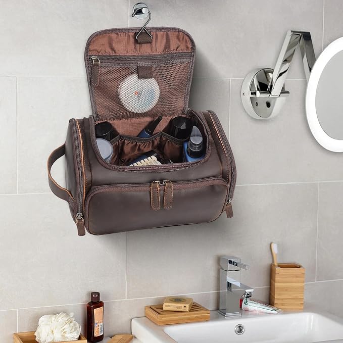 Polare Full Grain Leather Toiletry Bag Travel Dopp Kit Makeup Cosmetic Organizer Shaving Kit Wash Case with Hanging Hook (B-Dark Brown) - Image 6