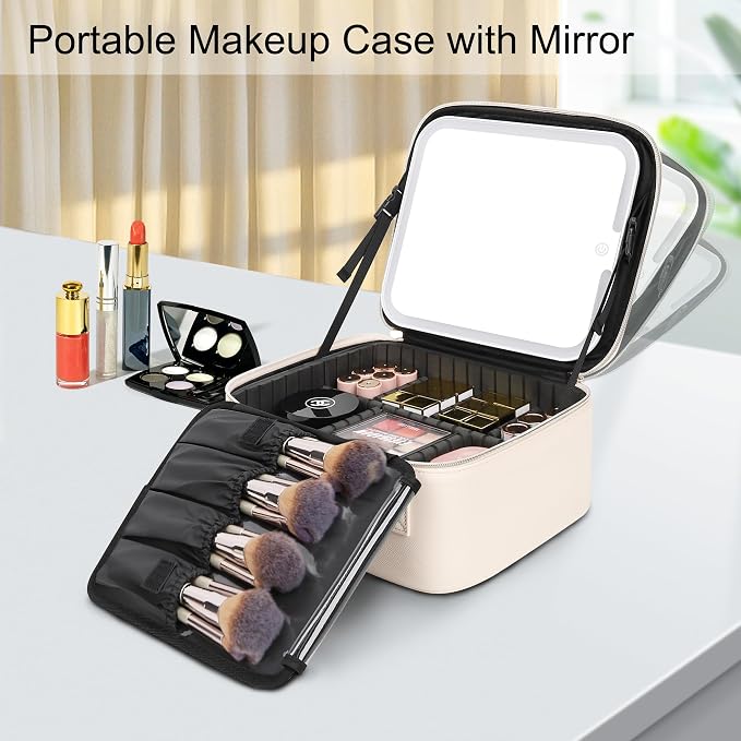 Relavel Makeup Bag with Led Mirror Travel Makeup Train Case Cosmetic Organizer Portable Artist Storage Bag with Adjustable Dividers Makeup Brushes Storage Organizer, White - Image 5