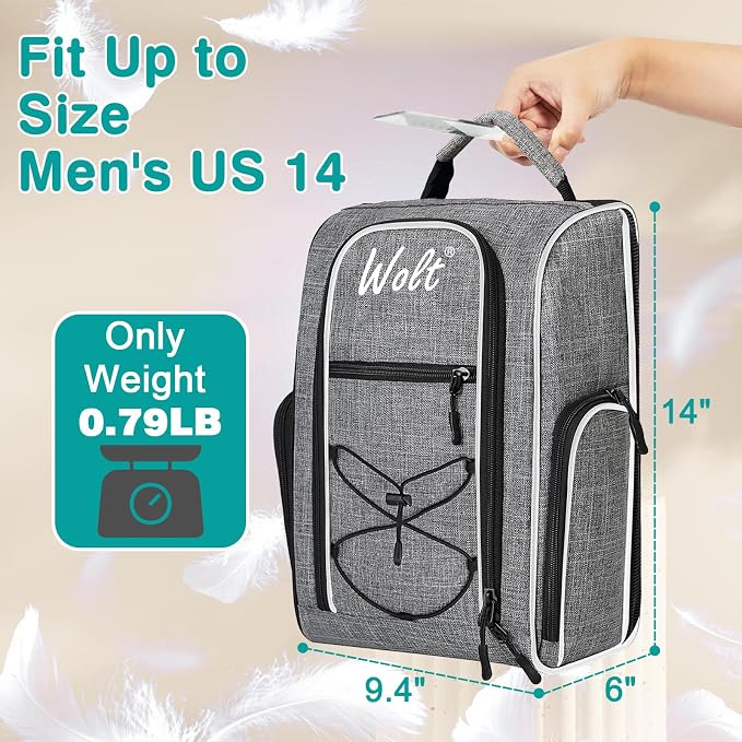 Wolt 2 Pcs Golf Shoe Bag for Travel- Zippered Shoes Carrier Bags with Ventilation & Double Outside Accessory Pocket for Socks, Tees, Golf Balls, Etc. for Women and Men (Black+Grey) - Image 2