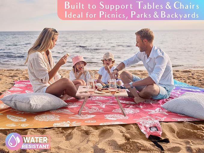 WEKAPO Beach Blanket Waterproof Sandproof Oversized, Extra Large Beach Mat Sand Free, Lightweight & Compact Sand Free Mat with 5 Stakes & 4 Corner Pockets - Image 4