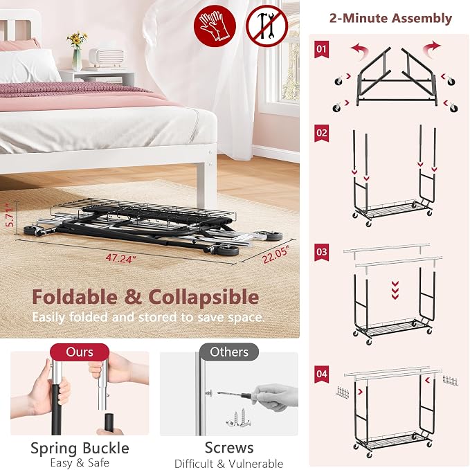 Hoctieon 2-Minute Assembly Double Rod Clothes Rack, Heavy Duty Rolling Clothing Racks with Wheels, Foldable Commercial Garment Rack, Extendable Hanging Bar, Adjustable Metal Pole with Hooks, Black - Image 2