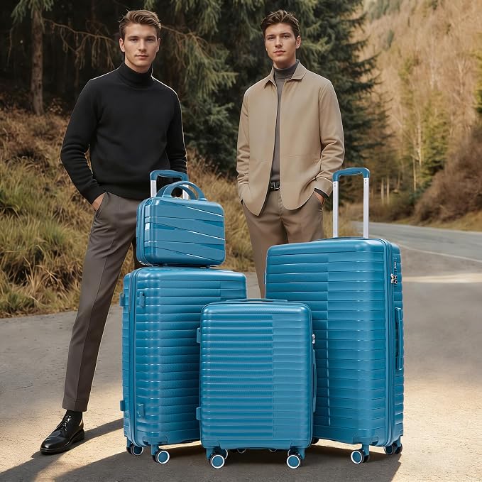 4-Piece PP Hardshell Luggage Set with 14" Cosmetic Case, 20"/24"/28" Spinner Suitcases,Carry On with Iron Telescopic Handle, Combination Lock,360° Double Silent Wheels,Waterproof Travel Set,Blue - Image 2