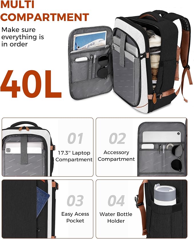 Vancropak 40L Carry on Backpack for Travel, Flight Approved Expandable Bag | 3 Packing Cubes, 17.3" Laptop Compartment, Water-Resistant, Anti-Theft, Lightweight Weekender Travel Bag, Business Backpack - Image 2