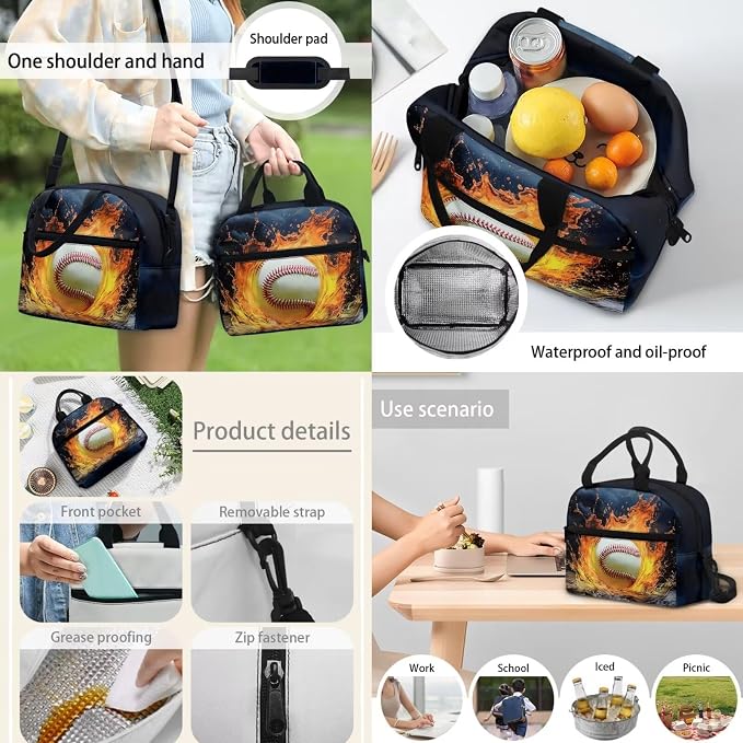 Baseball Fire Water Blue Travel School Bag Set of 4, 17 Inch Laptop Bookbag School Bag Daypack Insulated Lunch Bag Shoulder Crossbody Handbags Pen Carrying Case for Little Girls Boys - Image 6