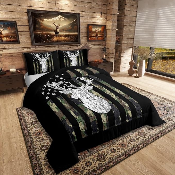 American Flag Comforter Set,Deer Hunting Down Comforter King,Army Green Military Camo Bedding Set For Boys Teens Kids Man,Western Farmhouse Stars Stripes Bedding Quilt Set Bedroom Decor 3 Pcs - Image 2