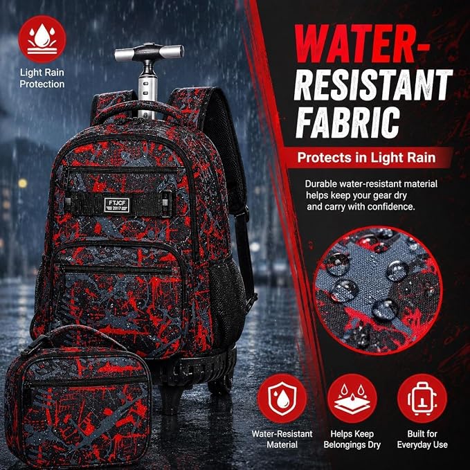 3Pcs Rolling Backpack for Boys, 19 Inche Adults Roller Bag with Wheels, Graffiti Wheeled Bookbag Set for Men(Red) - Image 3