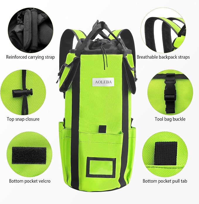 AOLEBA Arborist Rope Storage Bag Tree Climbing Rock Rope Bucket Backpack Rope Storage Bag Large Capacity 1680D Thicken Nylon Material with Hand Straps, Side Pockets - Image 5
