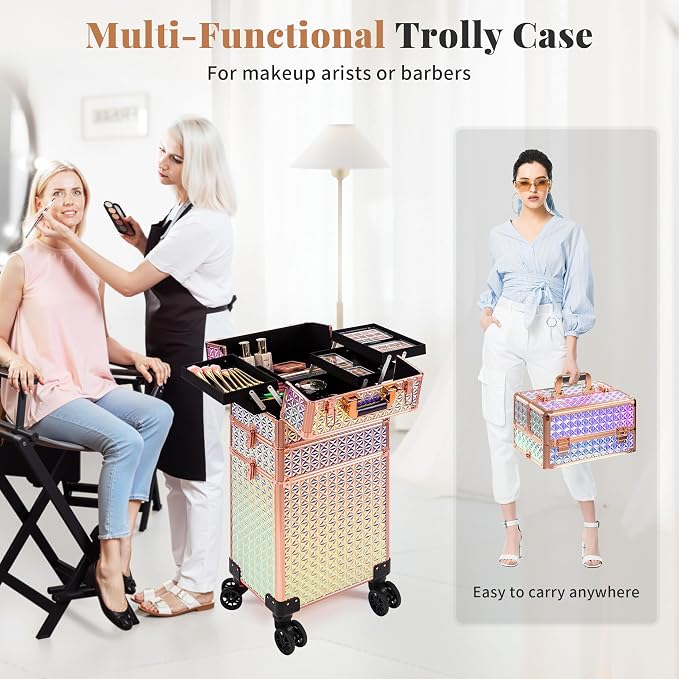 Rolling Makeup Train Case Cosmetology Case on Wheels, Colorful | Large Cosmetic Trolley Organizer with Keys Salon Barber Case Traveling Cart Trunk for Artist Hairstylists Nail Tech - Image 4