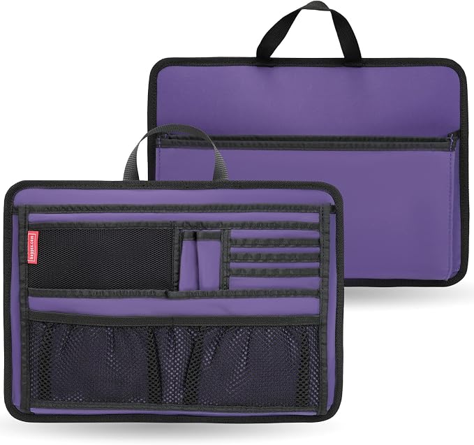 Slim Rugged Organizer Insert for Briefcase Messenger Tote Bag-13 Pockets,Durable Padded Nylon,Handle - Purple by DELTAMANN