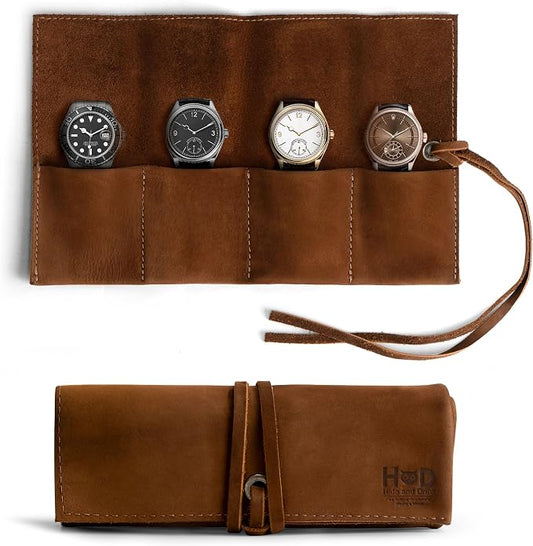 Hide & Drink, Leather Watch Roll Organizer Handmade from Full Grain Leather, Holds Up to 4 Watches, Easy Carry On Watchlover Storage (Swayze Suede) by HideDrink