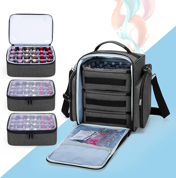 BAFASO Nail Polish Organizer Holds 72 Bottles (15ml - 0.5 fl.oz), Black | Large Nail Polish Case with 3 Removable Pouches and Multiple Storage Sections, Patented Design. - Image 2