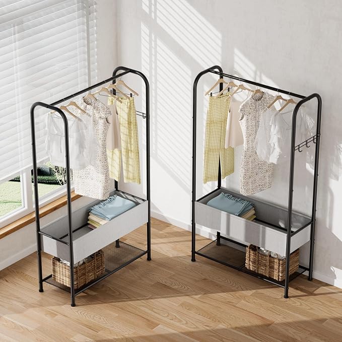 SINGAYE Wardrobe Standing Closet Clothing Rack With Shelf Hanging Clothes | Wardrobe Open Compact Small Metal Garment Hanger Stand Alone Free Standing Black Closet Rack Storage Organizer Heavy Duty - Image 7