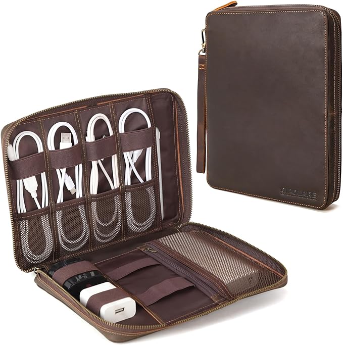 Polare Full Grain Leather Travel Cable Organizer Case Electronics Accessories Carry Bag with YKK Zippers Tech Storage Bag for Cables, Power Bank, USB, SD Card, Travel Essentials by polareoriginal