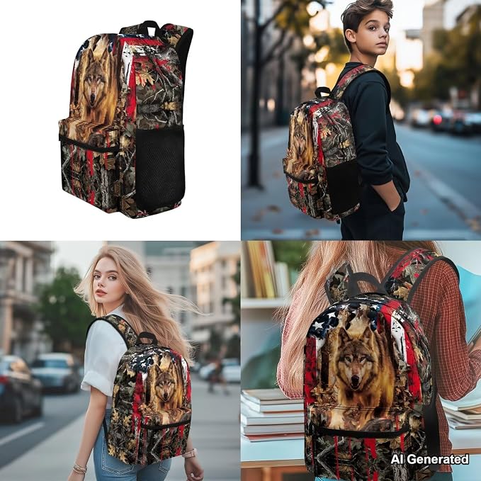 Wolf School Bags for Boys 7-10 10-12 American Flag Backpacks for Girls with Lunch Box Pencil Case Water Bottle Holder 4-Piece Teens Student Bookbag Set for Elementary School - Image 4