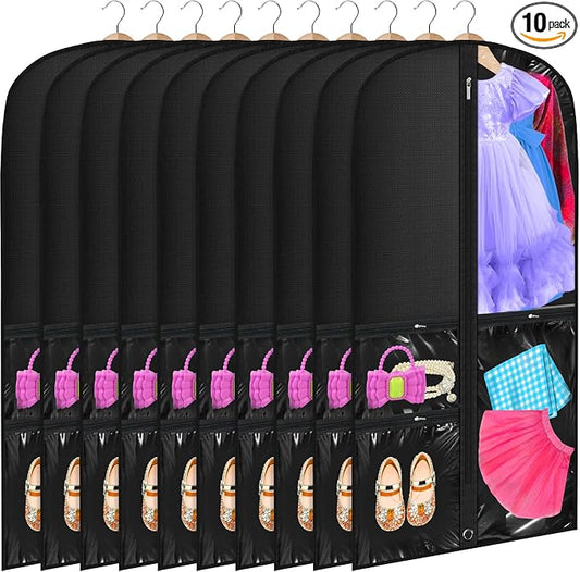 Windyun 10 Pack Garment Bags for Dance Costumes Kids 40 Inch Clothing Bags Hanging Clothes with 3 Clear Zipper Pocket Waterproof Garment Cover for Dance Competition, Travel, Closet Storage(Black) by Windyun
