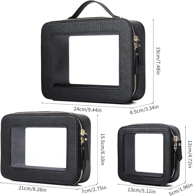 Clear Makeup Bag Set 3 Piece Travel Case for Cosmetics and Toiletries Women's Makeup Organizer and Car Essential with Zipper (Black, L+M+MINI) - Image 5