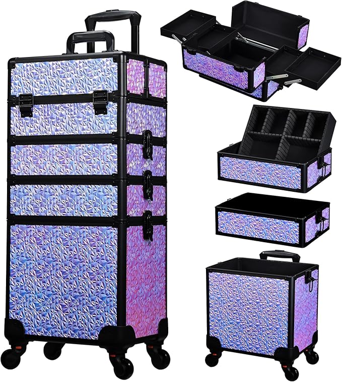 Stagiant Rolling Makeup Case Cosmetology Case on Wheels 4 in 1 Makeup Travel Case Extra Large Cosmetic Box with Key Make Up Artist Traveling Storage Nail Case Salon Barber Cart Trunk Shiny Purple by Stagiant