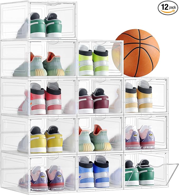 SONGMICS Shoe Boxes, Set of 12, Clear Plastic Shoe Storage, Stackable Sneaker Box, Drop Front Door, Up to US Size 11, Easy Assembly, 13 x 9.8 x 7.1 Inches, Transparent White ULSP032W12 by Unknown