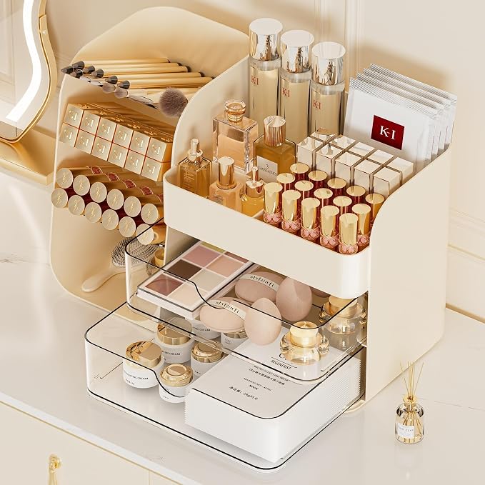 Makeup Organizer with Drawers, Large Capacity Countertop Organizer for Vanity, Bathroom and Bedroom Desk Cosmetics Organizer, Easy To Storage Skincare,Brushes, Eyeshadow,Lipstick (All Cream) - Image 5