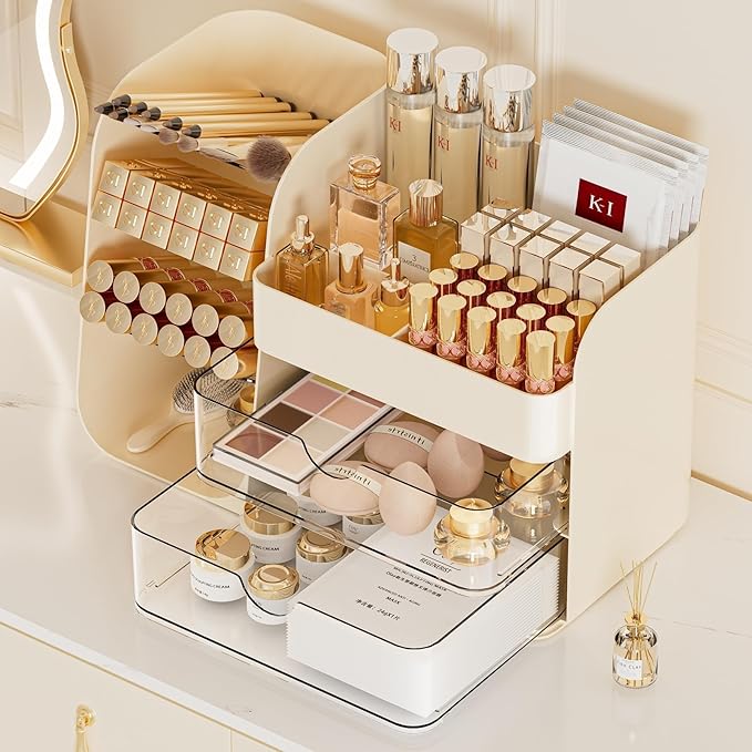 Makeup Organizer with Drawers, Large Capacity Countertop Organizer for Vanity, Bathroom and Bedroom Desk Cosmetics Organizer, Easy To Storage Skincare,Brushes, Eyeshadow,Lipstick (All Cream) - Image 5
