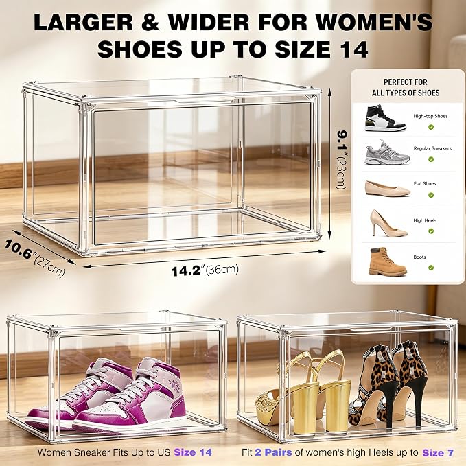 6 Pack Clear Acrylic Shoe Storage Boxes Stackable,Size 14 Large Sneaker Storage Organizer Bins with Magnetic Door,Plastic Shoe Containers for Closet,Fits High Top Sneakers for Men Women up to Size 13 - Image 3