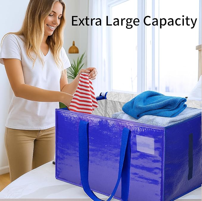 4 Pack-Extra Large Heavy Duty Moving Bags - Waterproof Storage Totes with Handles & Zippers, Foldable for College Dorm, Storage (Blue) - Image 4