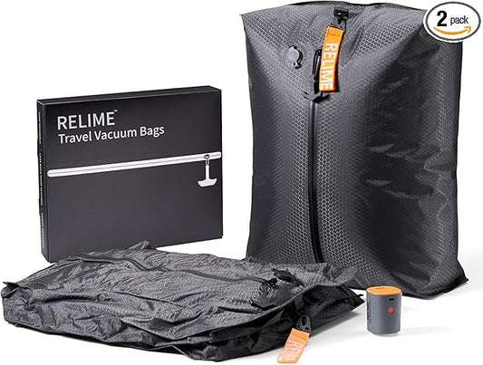Relime Classic Series Vacuum Bags for Travel Luggage with Wireless Pump, Compression Bags for Carry On Suitcases and Backpack, Vacuum Seal Packing cube for Cloth Packing (2PC + PUMP) by Relime