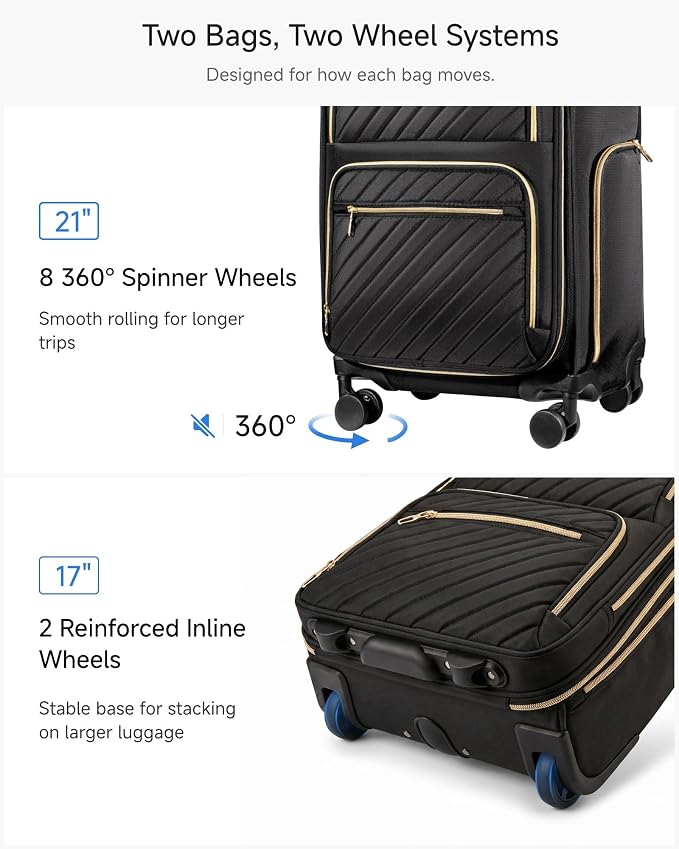 LUGGEX 2-Piece Carry On Luggage Set with Wheels, 17" Underseat Bag & 21" Expandable Carry On Suitcase, Lightweight Softside Travel Set with Spinner Wheels, Black(UX-Core, Black, 2 Piece 17/21 Inch) - Image 8