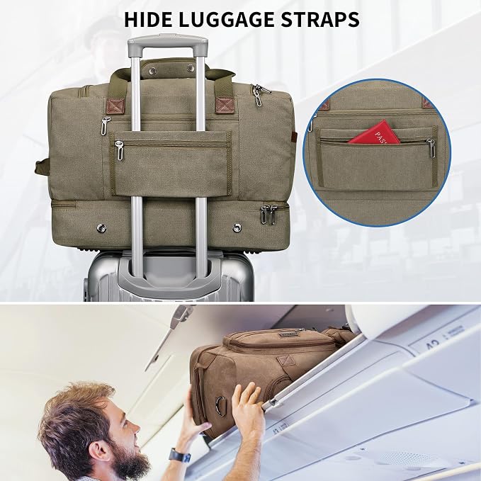WITZMAN Duffle Bag for Men 50L Travel Canvas Weekender with Toiletry Bag | With Shoe Compartment and Dry-wet Pocket, Convertible, Carry On, One Duffel for Gym, Sports, Overnight, A8010/2 Army Green - Image 7
