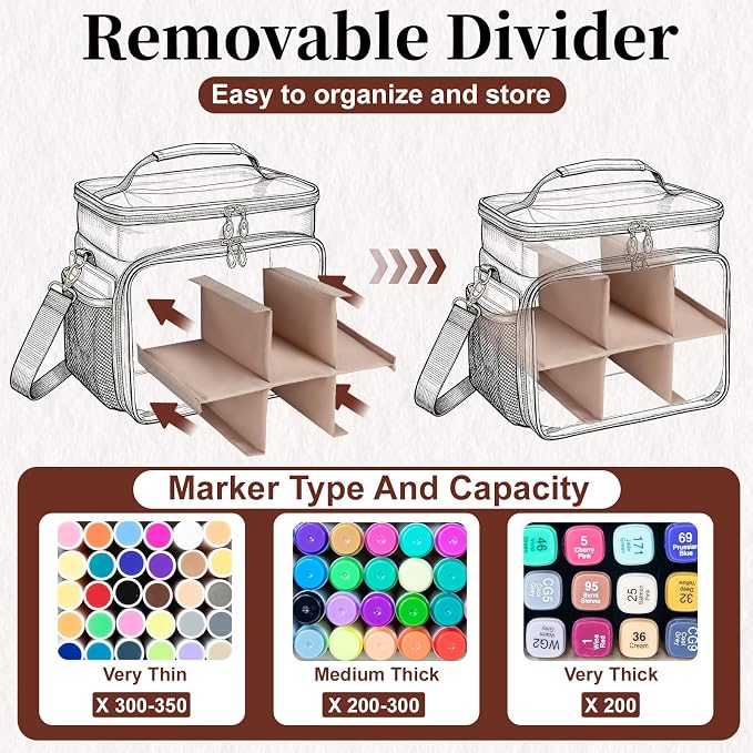 Large Marker Organizer Case for 200-300 Markers, Double-Layer Marker Bag with Removable Dividers, Marker Organizer for Markers, Pencils, Crayons or Other Art Supplies, Black (Bag Only) - Image 2
