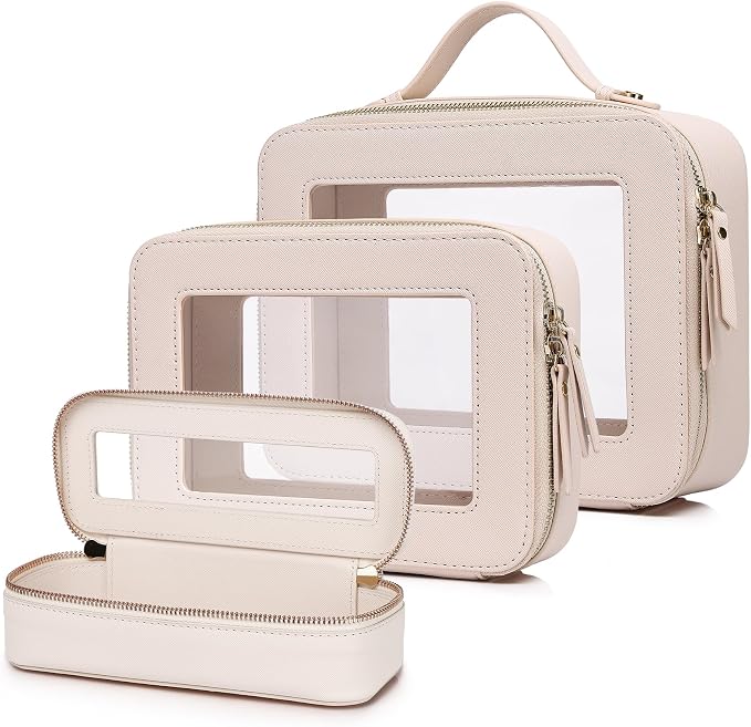 Travel Makeup Set, Beige, L+M+SLIM | Waterproof, Transparent Cosmetic Bag, Toiletry Bag, Makeup Brush Case with Zipper, Car Essentials for Women by LOFOWN