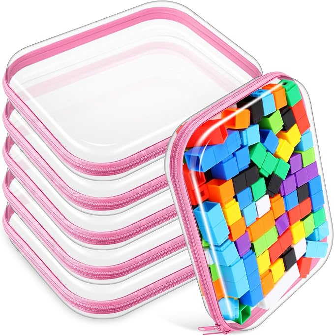 Sanwuta 6 Pcs Clear Hard Zipper Case Plastic Zipper Pouches Transparent Makeup Bag Pencil Case Pouches Toiletry Diaper Bag for Travel Toy Storage Organizer Bins(Pink,9.84 x 7.87 x 2 Inch) by Sanwuta
