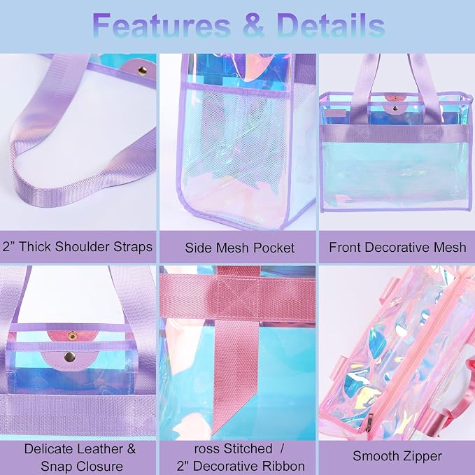 Iridescent Beach Bag, 2Pcs Large Clear Jelly Tote Bag for Women | Jelly Beach Bag, Purple & Pink, Waterproof & Sandproof, Zipper&Snap, Gym Pool Swim Bag Cruise Beach Essential for Family 2026 - Image 5