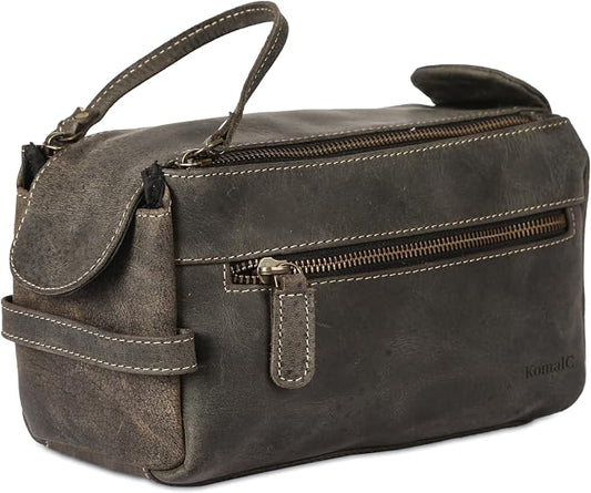 KomalC Premium Buffalo Leather Toiletry Bag for Men & Women With Water resistant Lining, Grooming Travel Pouch, Unisex Wash Bag for Toiletries, Gifts for Men and Women by KomalC