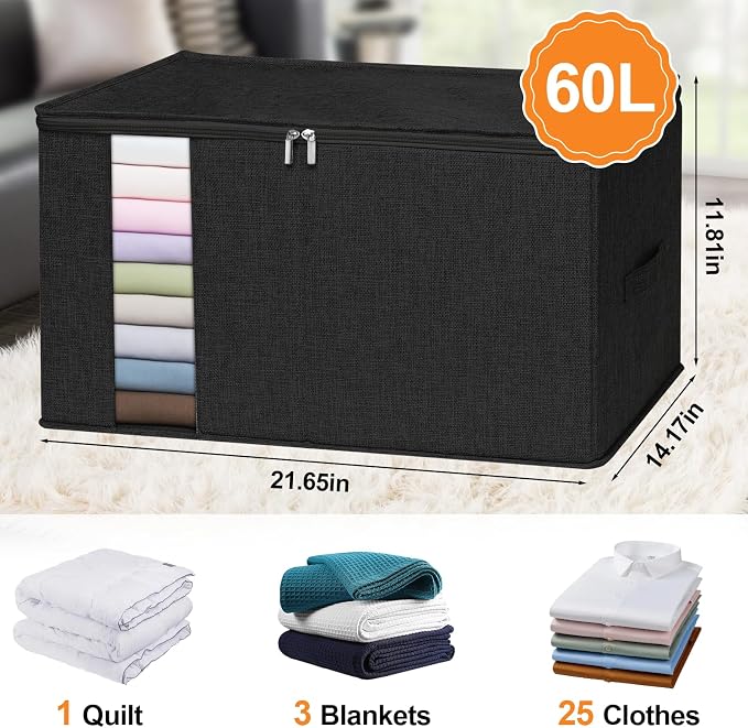 punemi 2 Pack Clothes Storage, Sturdy Blanket Storage Bags with Side Bottom Support, Storage Containers for Organizing Bedroom Closet Clothing Comforter, Organization and Storage W/Lids Handle,Black - Image 2