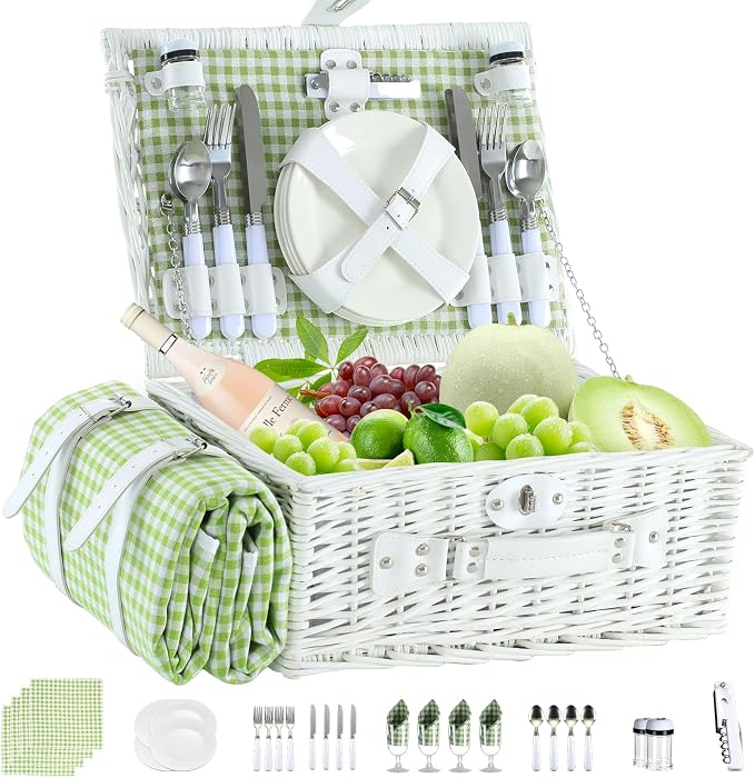 Picnic Basket Set for 4 with Waterproof Blanket Mat Insulation Bag Wicker White Green Plaid Classic Fresh Gift for Christmas Thanksgiving Wedding Birthday Camp Outdoor Beach Travel by YPshuye