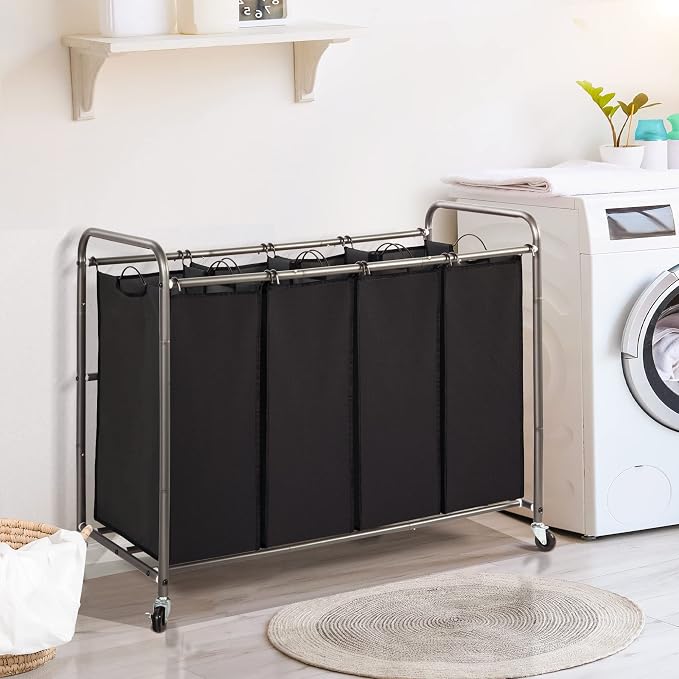 STO STO Laundry Sorter 4 Section, 4 Bag Clothes Hamper, Rolling Laundry Cart Basket with Heavy Duty Lockable Wheels and Removable Bag for Laundry Room, Bedroom, Closet, Black - Image 7