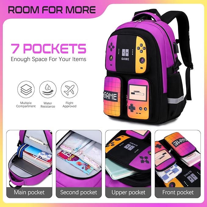 Gamer Backpack for Boys , 3PCS Boys Backpack with Lunch Box & Pencil Pouch, Waterproof School Bags for Boy Kids Children Teens, Elementary Middle School, Kids Book Bag Casual Daypack (Pueple Yellow) - Image 3