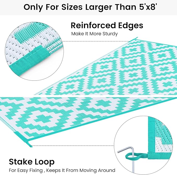 Smiry Waterproof Outdoor Rug 6x9 ft, Reversible Plastic Straw Patio Camping Rugs, Outdoor Indoor RV Mat Carpet for Patio, Outside Entry, Backyard, Deck, Bench, Picnic, Camper, White & Teal - Image 4