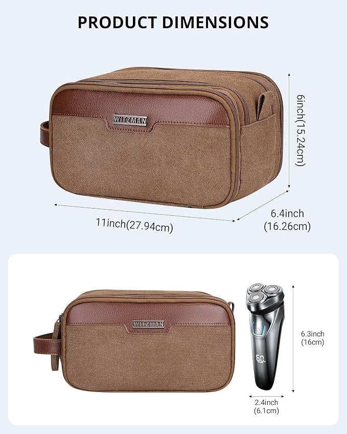 WITZMAN Canvas Toiletry Bag for Men Travel Toiletries Large 7L Dopp Kit | Multi-pockets with Dry-wet Pocket, Side Handle for Hanging, Lightweight, For Daily Use, Bathroom, Make up, A8002 Brown - Image 3