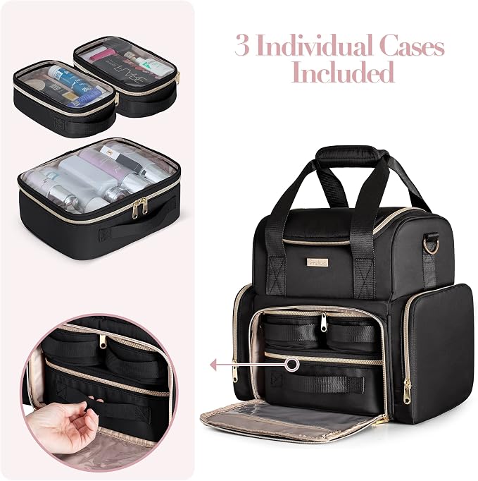 Large Cosmetic Bag, Double Layer Travel Makeup Organizer, Black | Makeup Bag with 3 Removable Cases, Inner Dividers & Brushes Storage Pockets, Cosmetic Storage Case Fits Beauty Essentials - Image 2
