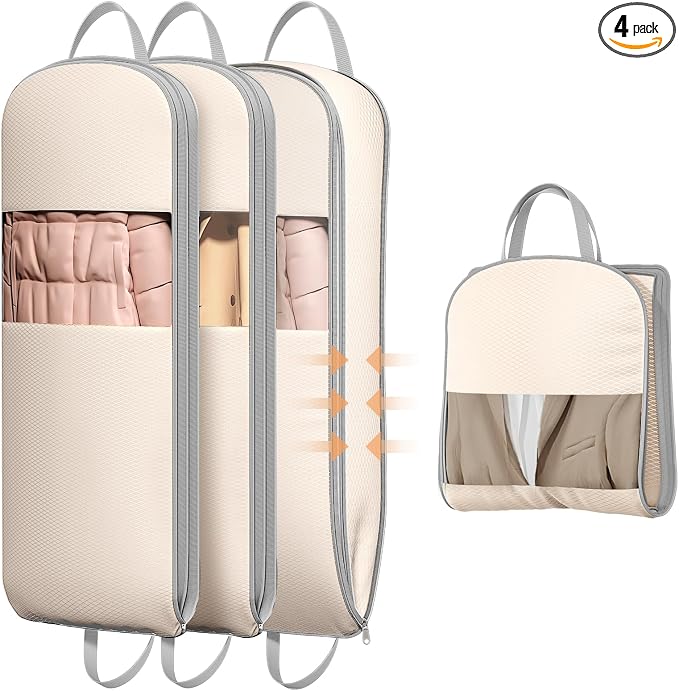 DIMJ 4 Pack 43" Compression Garment Bags for Hanging Clothes With Carry Handles and Window, Space Saving Washable Suit Bag for Dress, Clothes, Coats, Down Jacket, Closet Storage, Moving, Travel by DiMJ