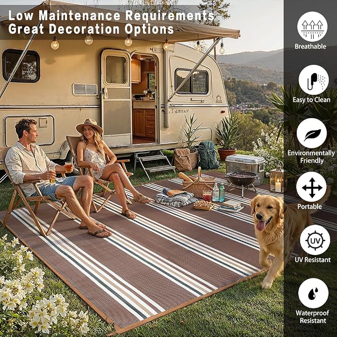 PureCozy Outdoor Waterproof 8x10 Rug for Patio Reversible Plastic Straw Brown Striped Camping Mat Outside Lightweight Large Floor Mat for RV Deck Beach Balcony Picnic Backyard Entry Porch - Image 3